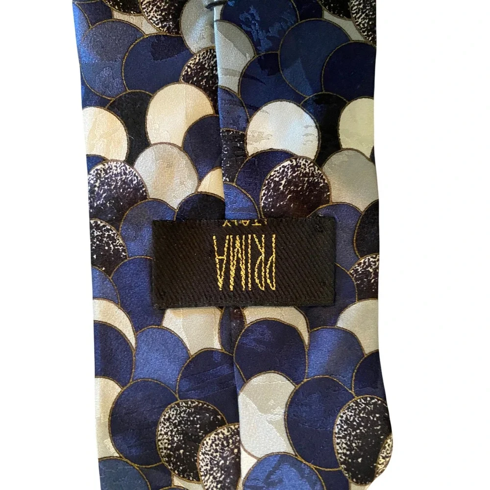 Prima Emoda Mens Silk Tie Navy‎ Blue Silver Geometric Scale Pattern Italy USA